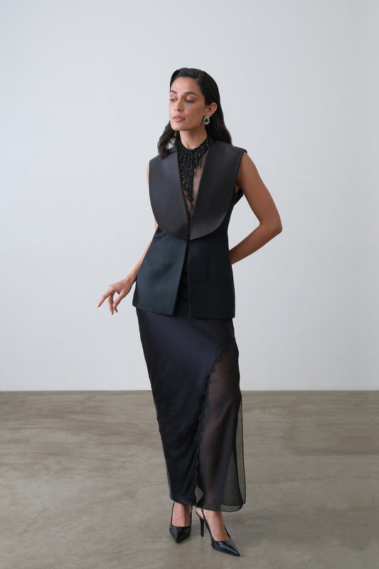 Black silk satin and georgette two piece skirt with asymmetric overlay and lace detail