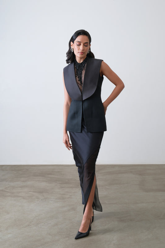 Black poly viscose blend waistcoat with exaggerated satin collar and tailored fit