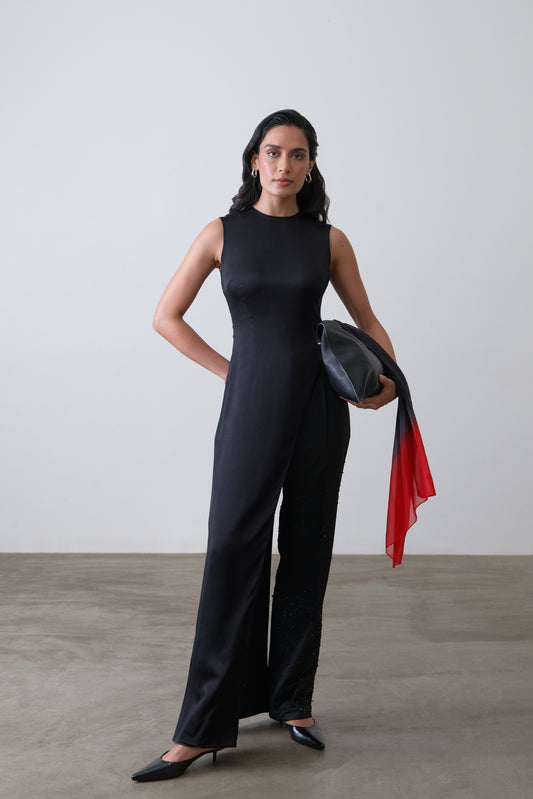 Deep charcoal silk satin asymmetric top with fluid drape