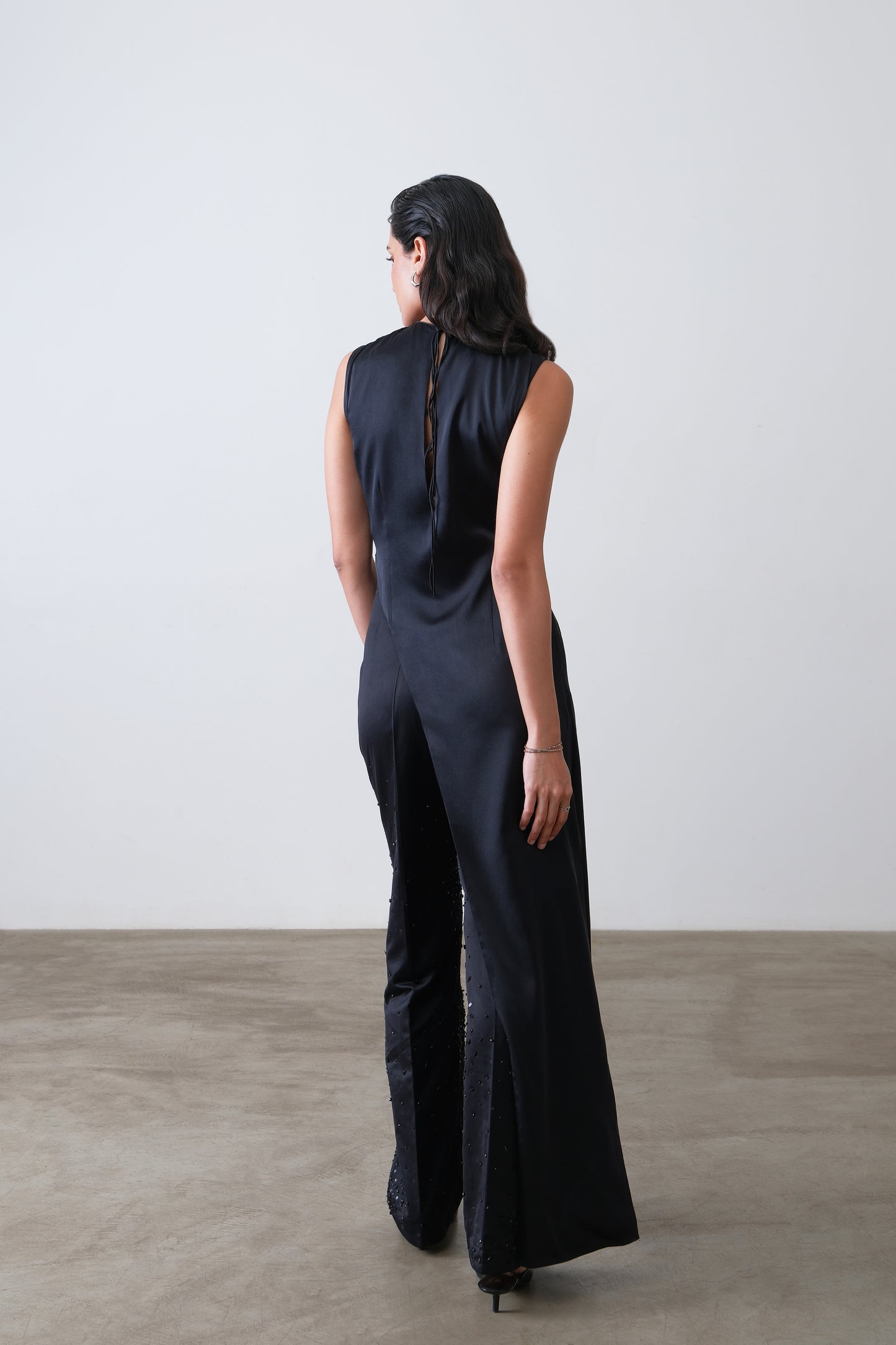 Deep charcoal silk satin top, back view with tie up closure