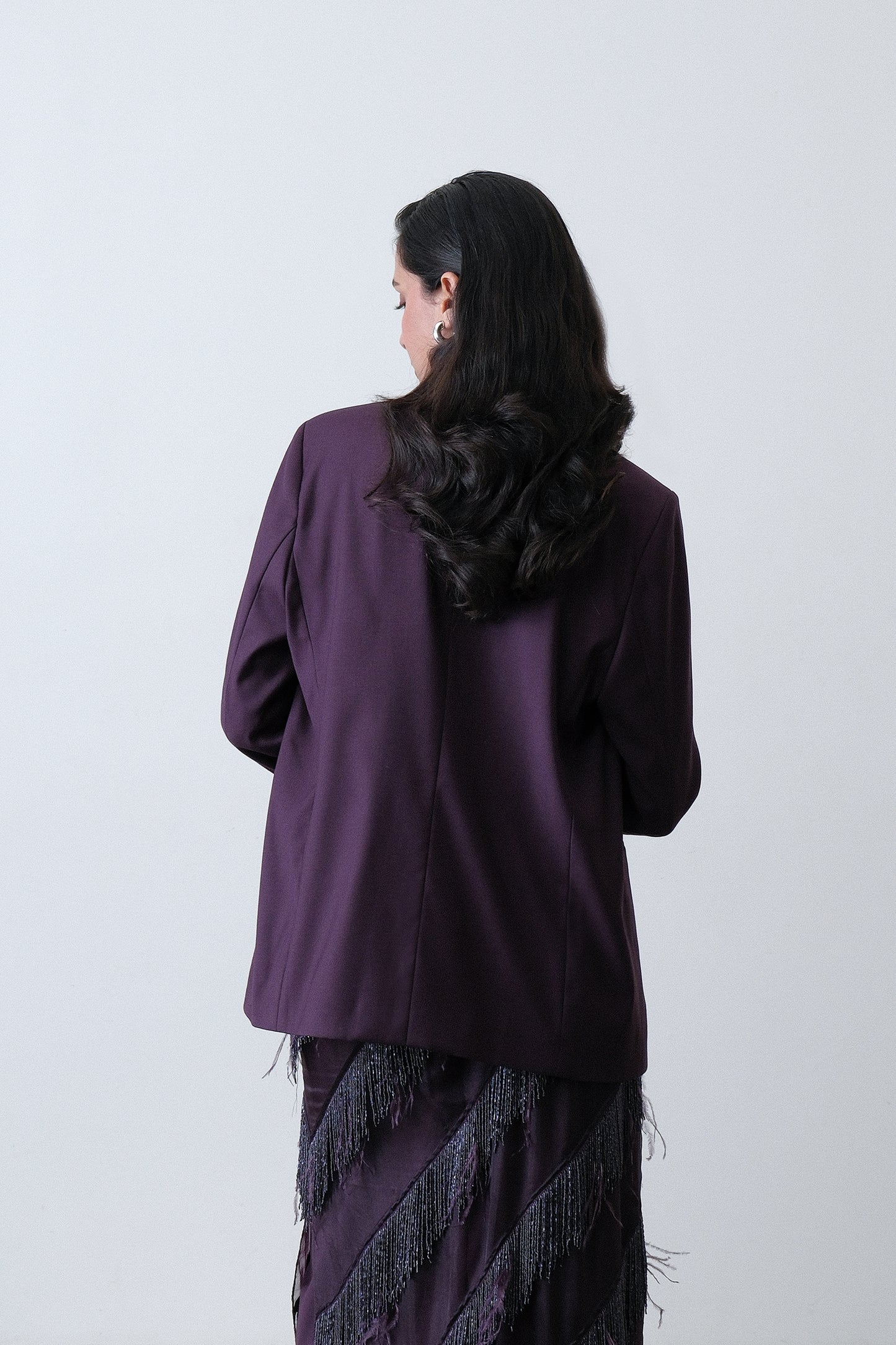 Deep plum poly viscose blend blazer, back view with structured shoulders