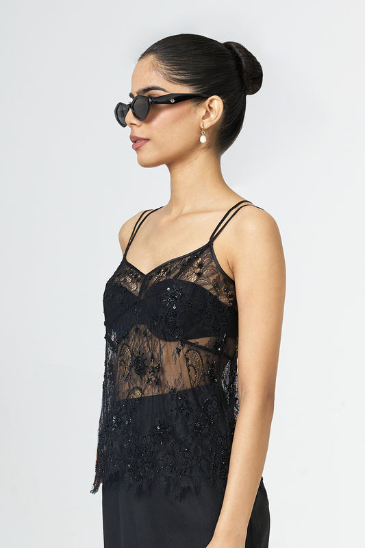 Black Embroidered Lace Cami Top