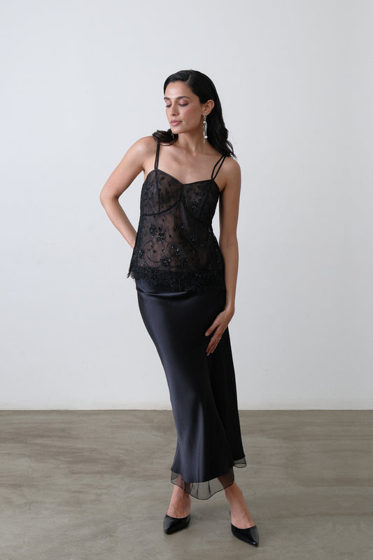 Black lace camisole with hand embroidery and sheer silk organza base and adjustable straps