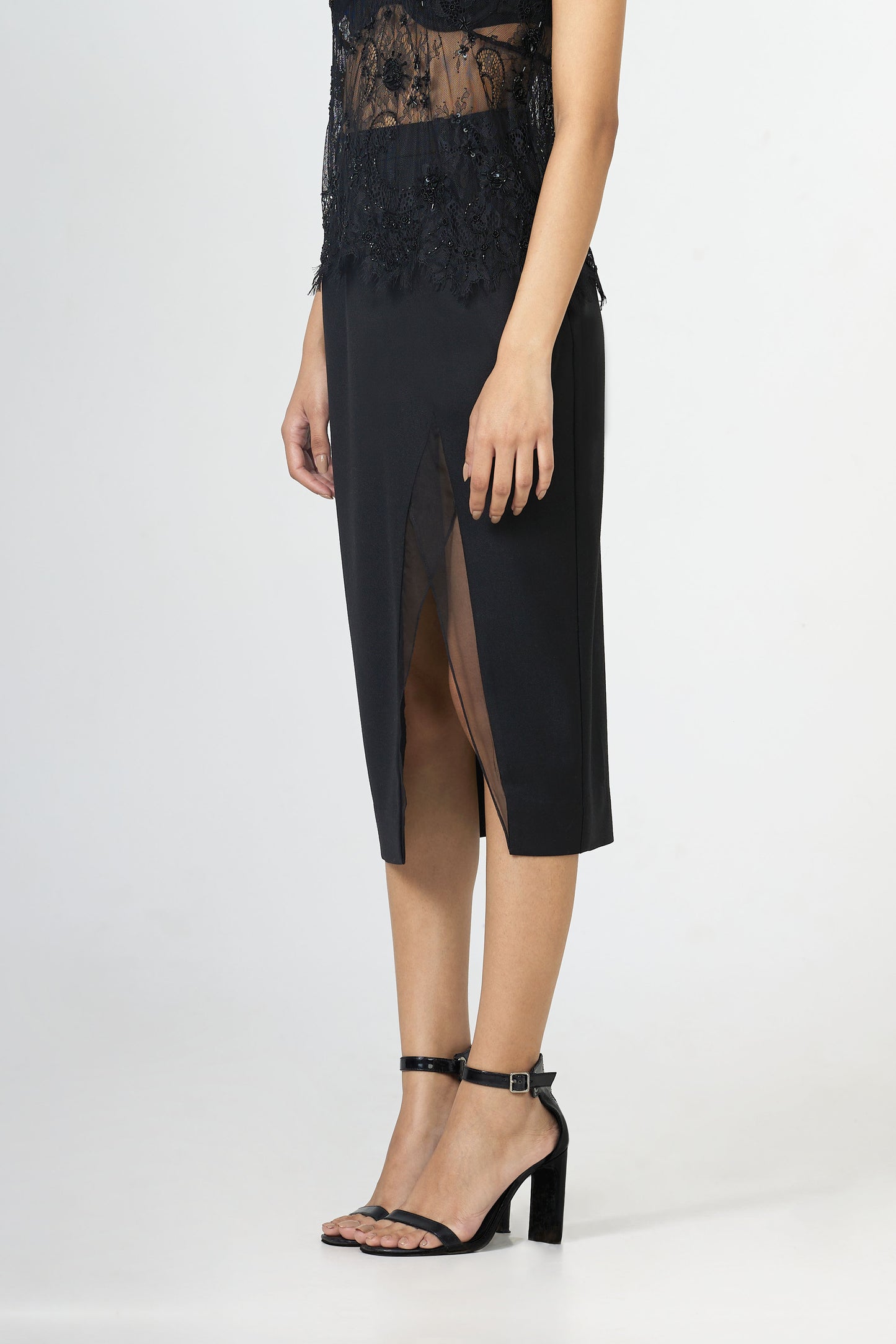 black sheer panel midi skirt