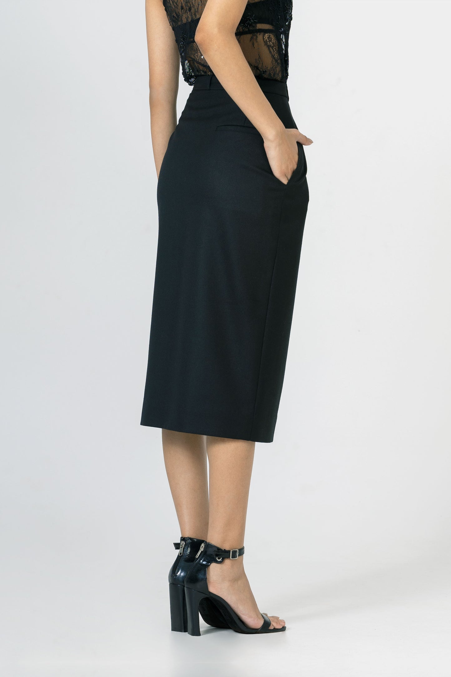 Black Sheer Panel Midi Skirt