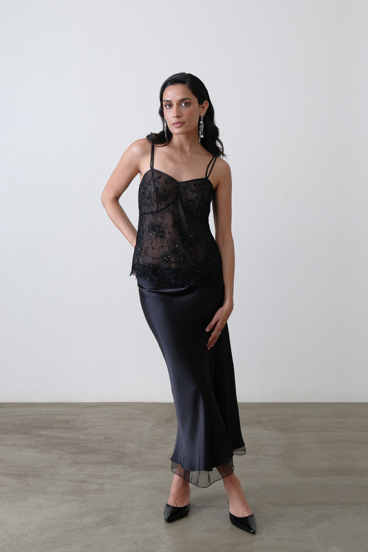 Black silk satin bias skirt with silk organza hem detail