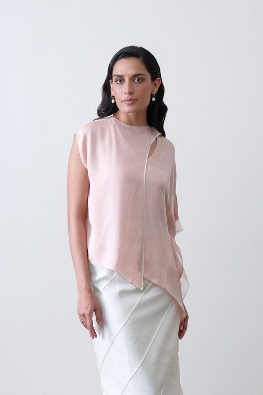 Blush pink silk satin georgette top with asymmetric drape and scarf detail