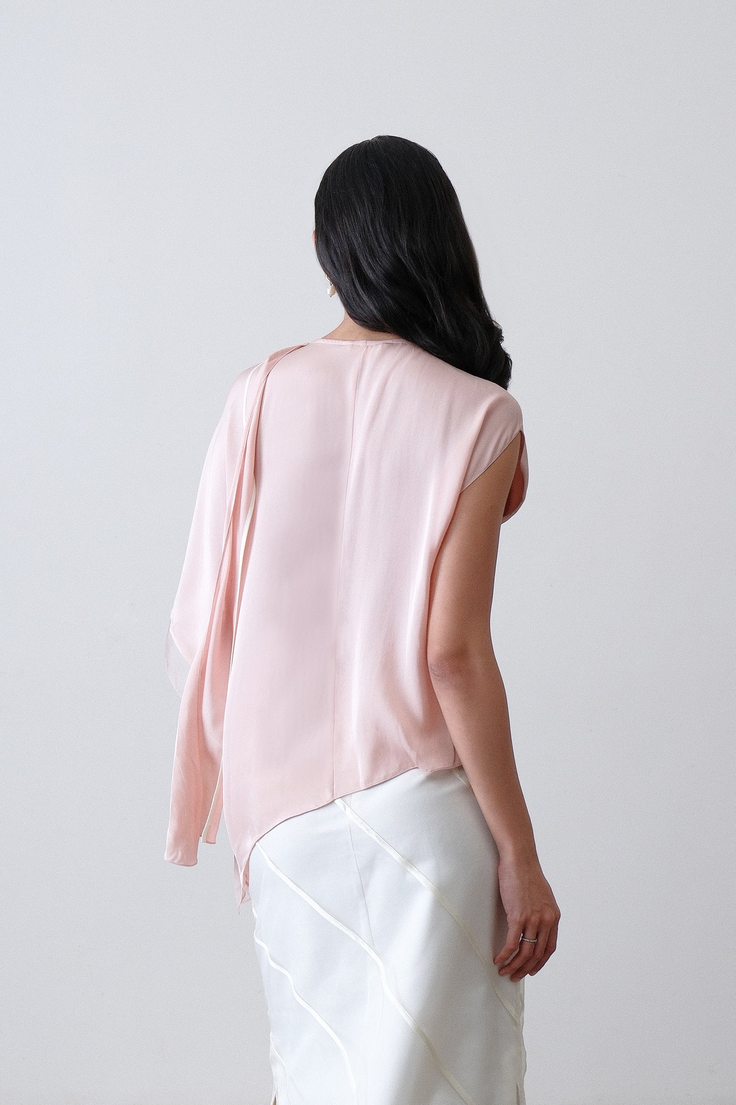 Blush pink silk satin georgette top, back view with draped scarf detail