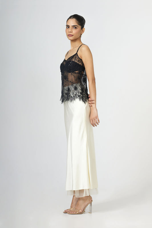 Cream silk satin bias skirt shown at a three quarter angle