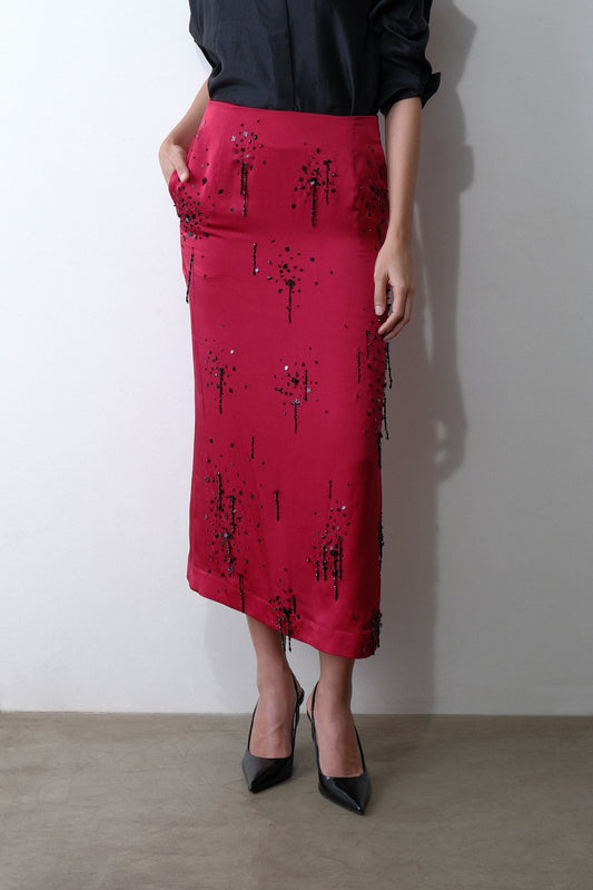 dark red embroidered silk midi skirt