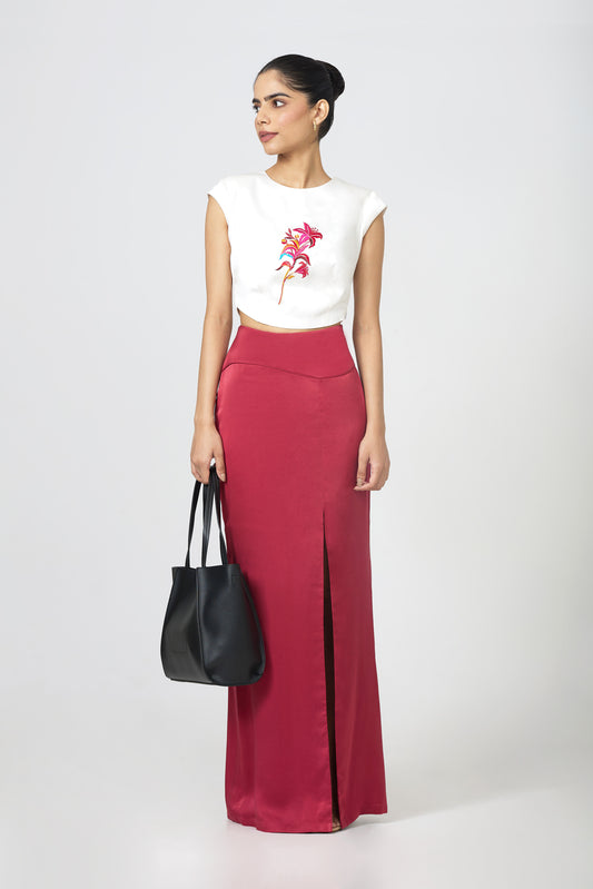 Dark Red Silk Yoke Skirt