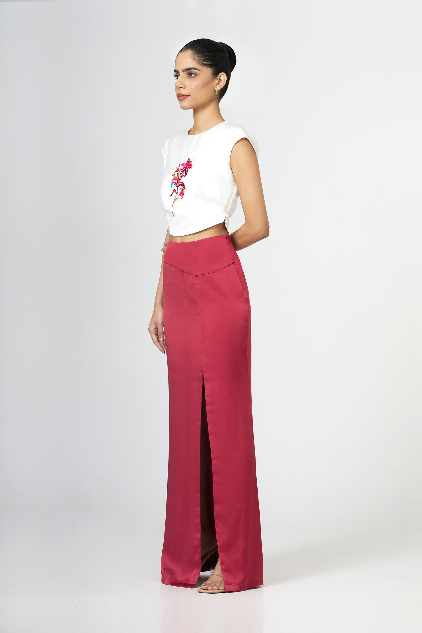 dark red silk yoke skirt