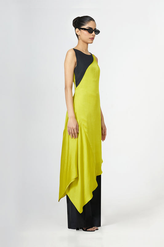 Green Asymmetric Black Yoke Silk Dress