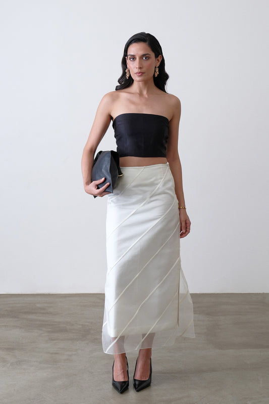 Ivory organza and poly viscose blend midi skirt with satin stripe detail
