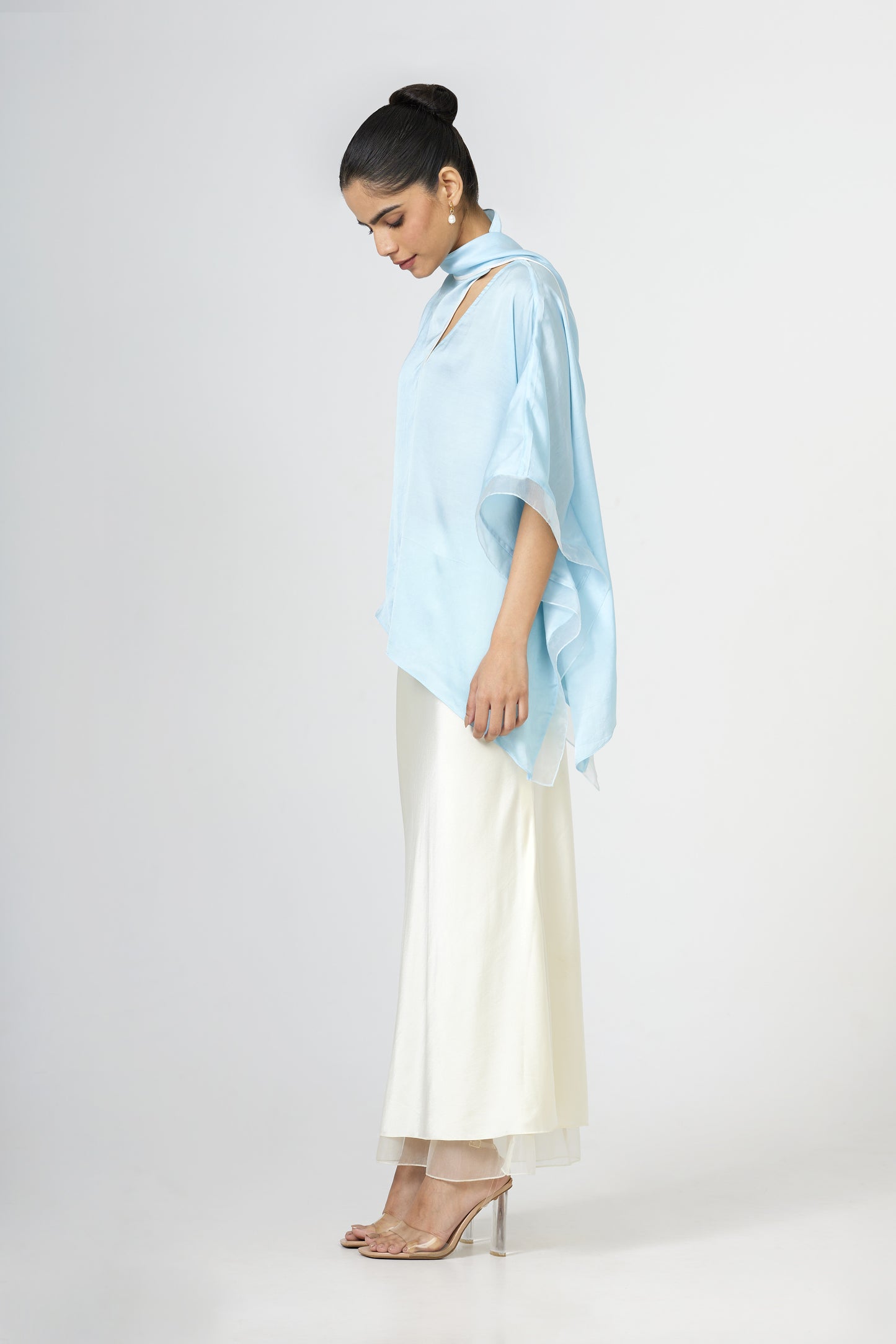 powder blue satin draped scarf top