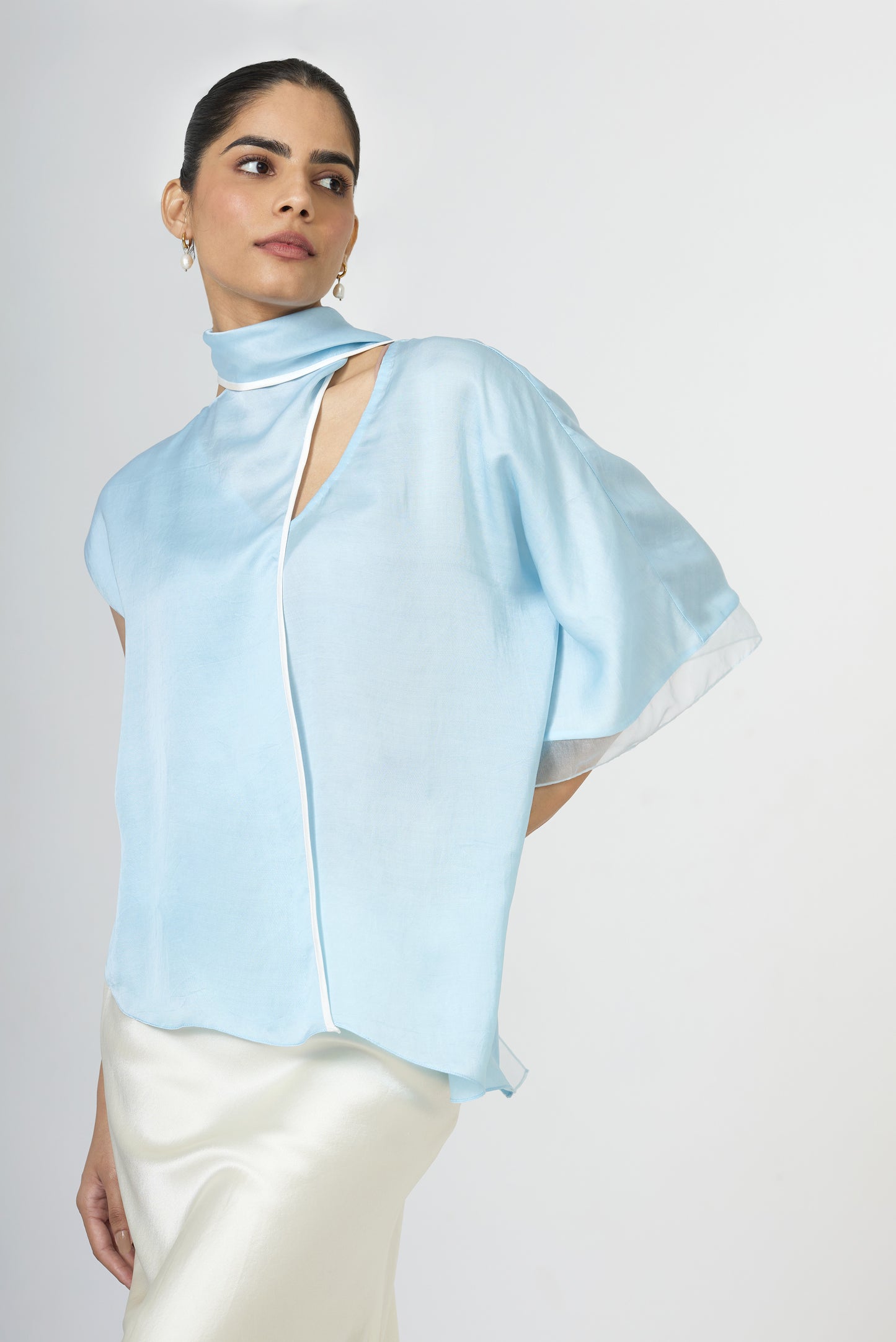powder blue satin draped scarf top