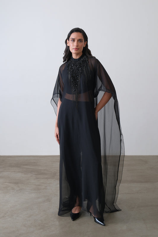 Black georgette cape with hand embroidered beaded neckline and silk organza panels