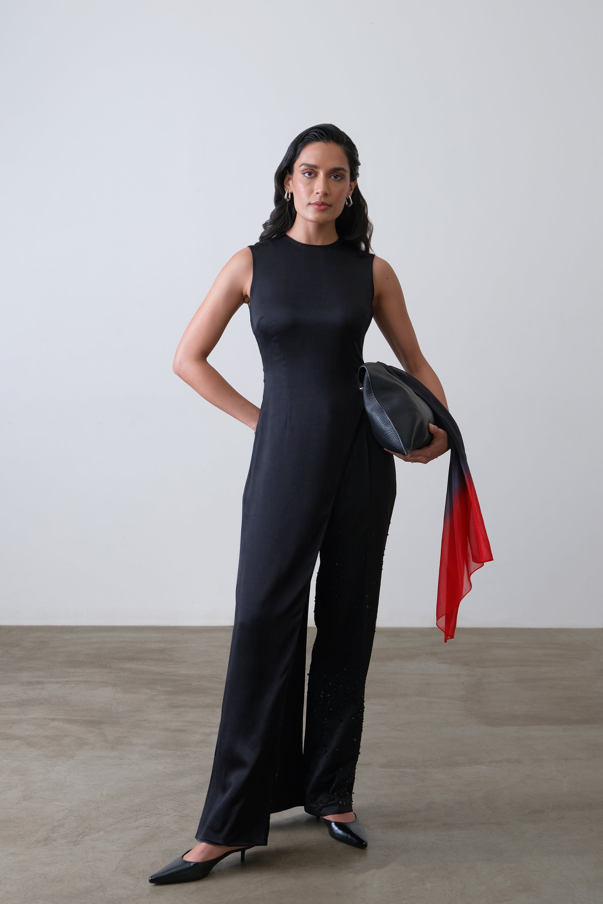 Deep charcoal silk satin asymmetric top with fluid drape