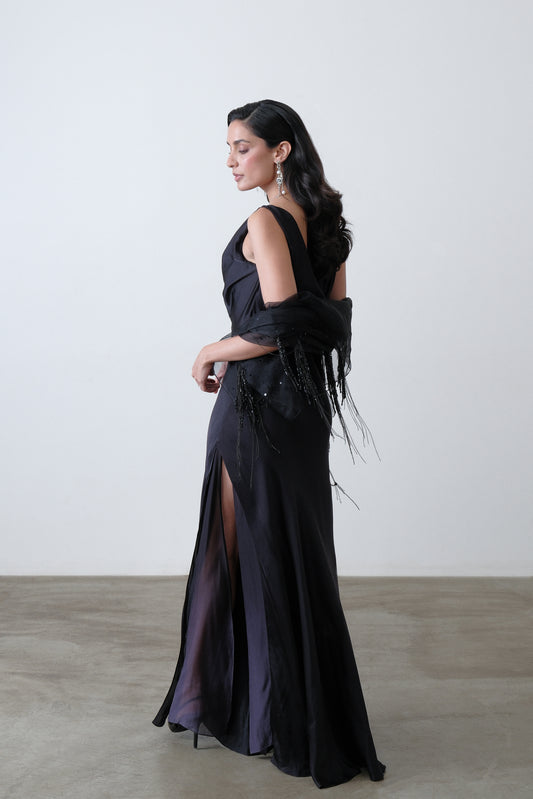 Charcoal silk satin georgette dress shown at a three quarter angle with cowl neck