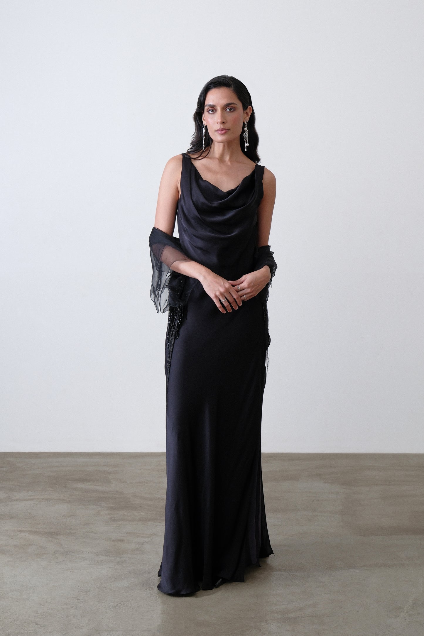 Charcoal silk satin georgette bias dress with cowl neckline and side slit
