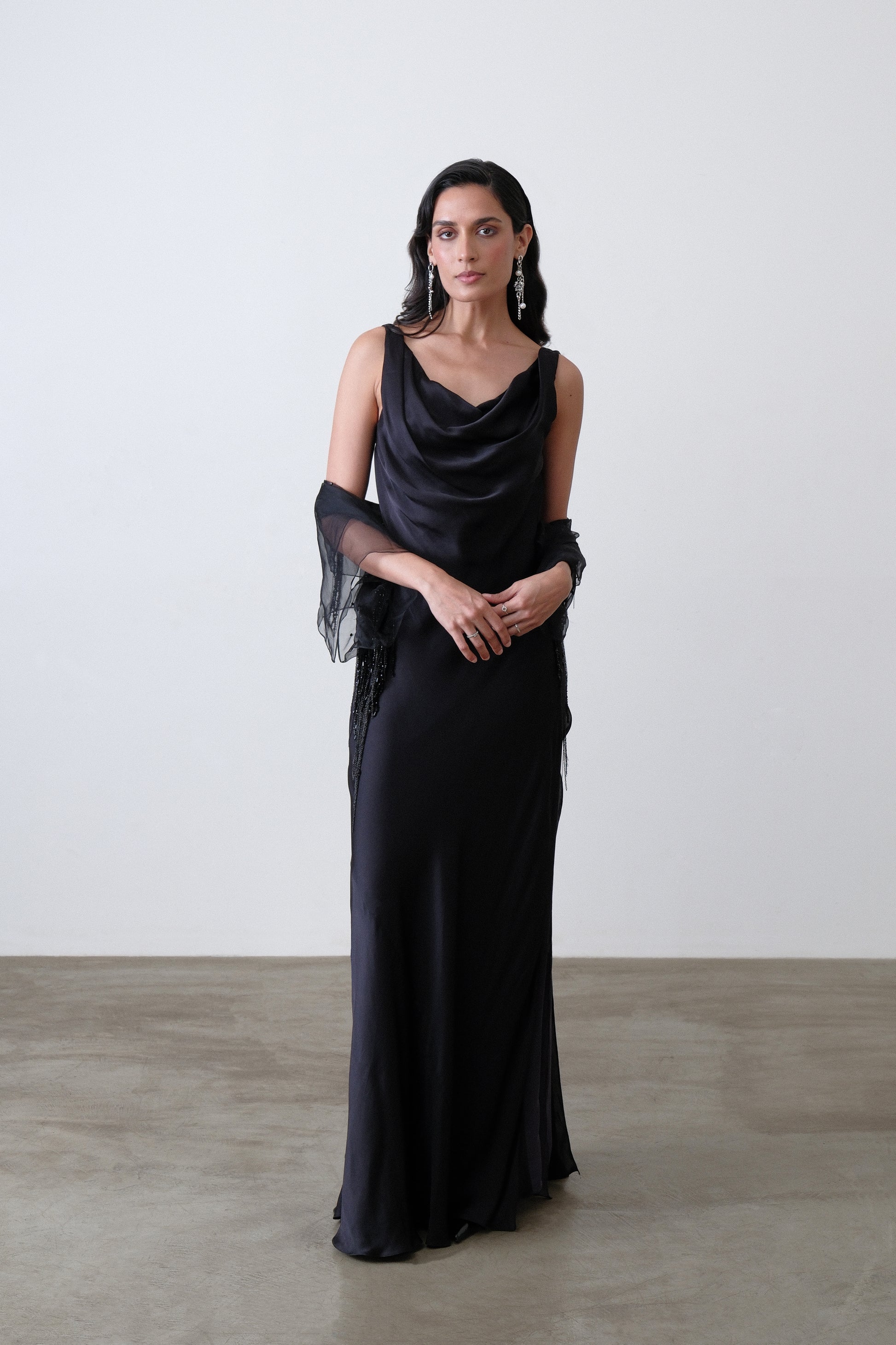 Charcoal silk satin georgette bias dress with cowl neckline and side slit