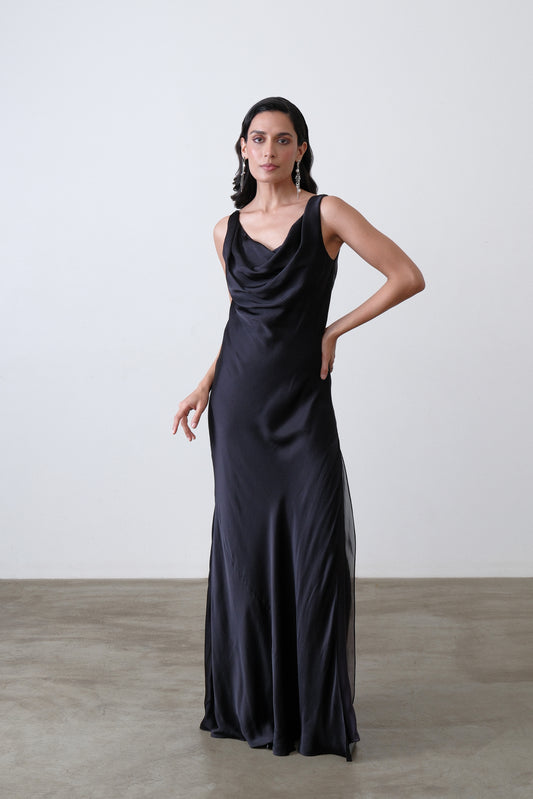 Charcoal silk satin georgette bias dress with cowl neckline and side slit