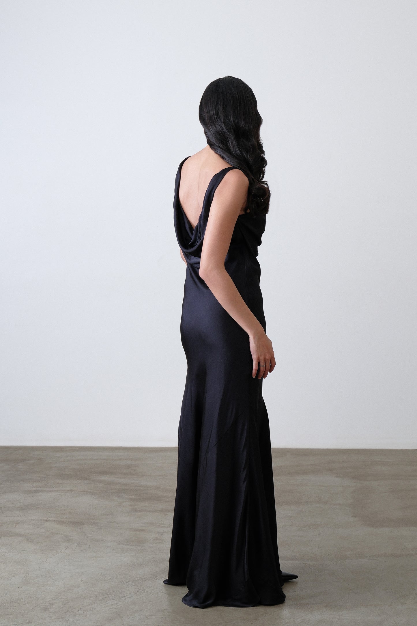 Charcoal silk satin georgette dress, back view with cowl neckline