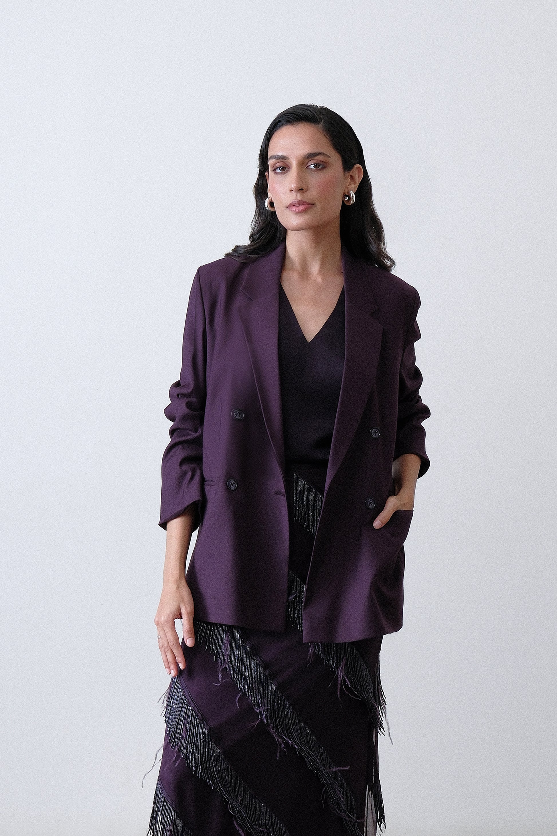 Deep plum poly viscose blend double breasted blazer with oversized fit