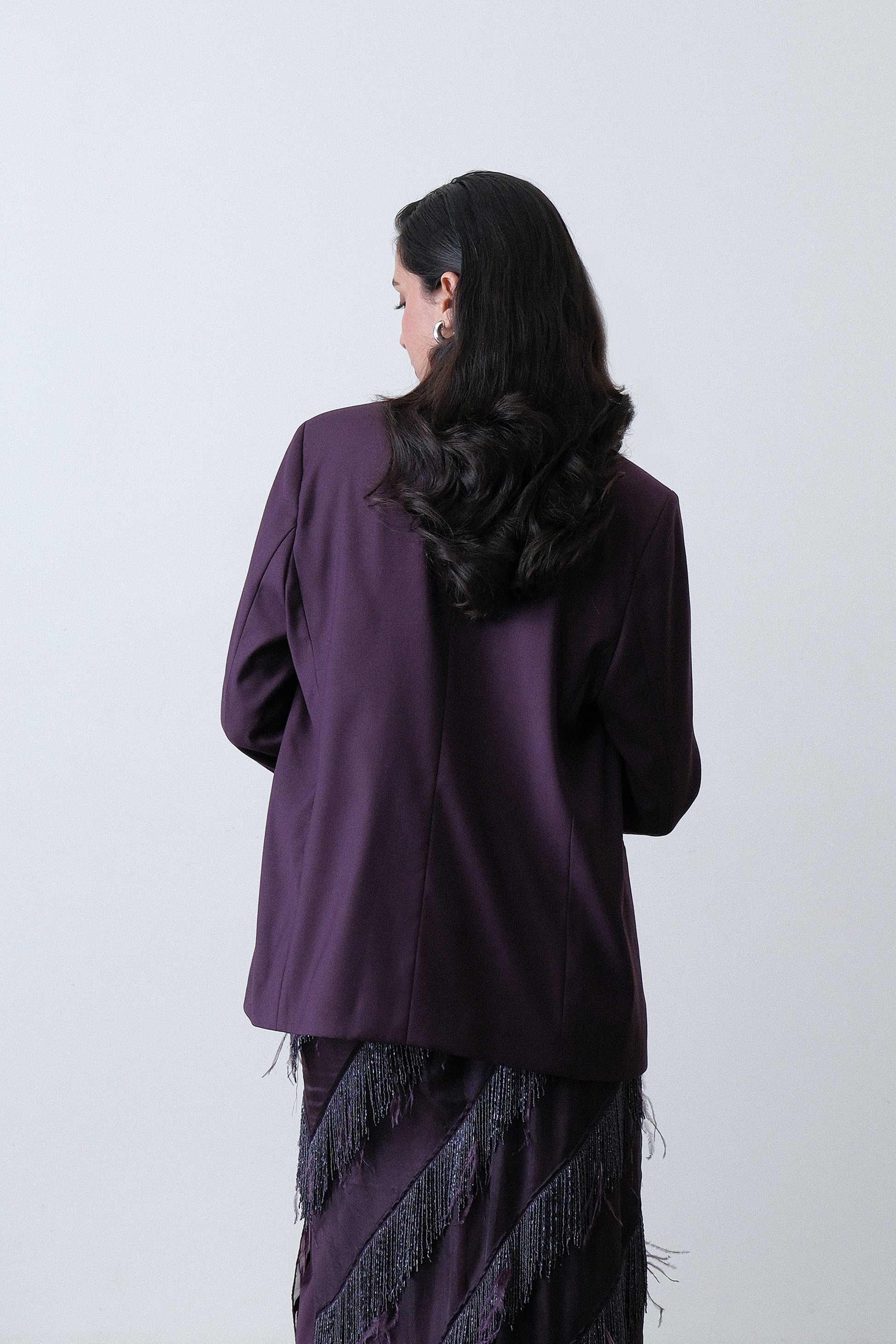 Deep plum poly viscose blend blazer, back view with structured shoulders