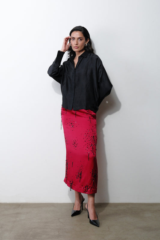 Black dupion silk shirt with concealed placket and dropped shoulders