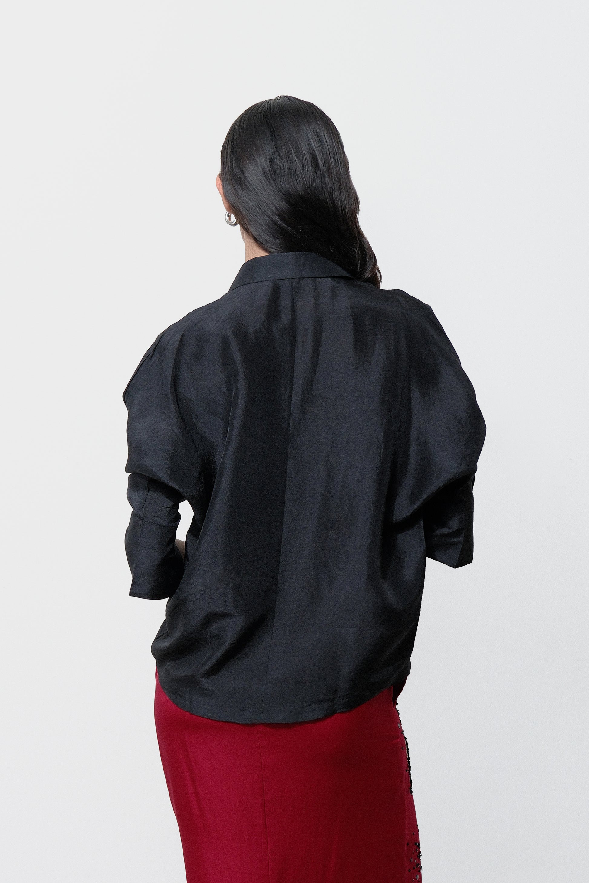 Black dupion silk shirt, back view with relaxed fit