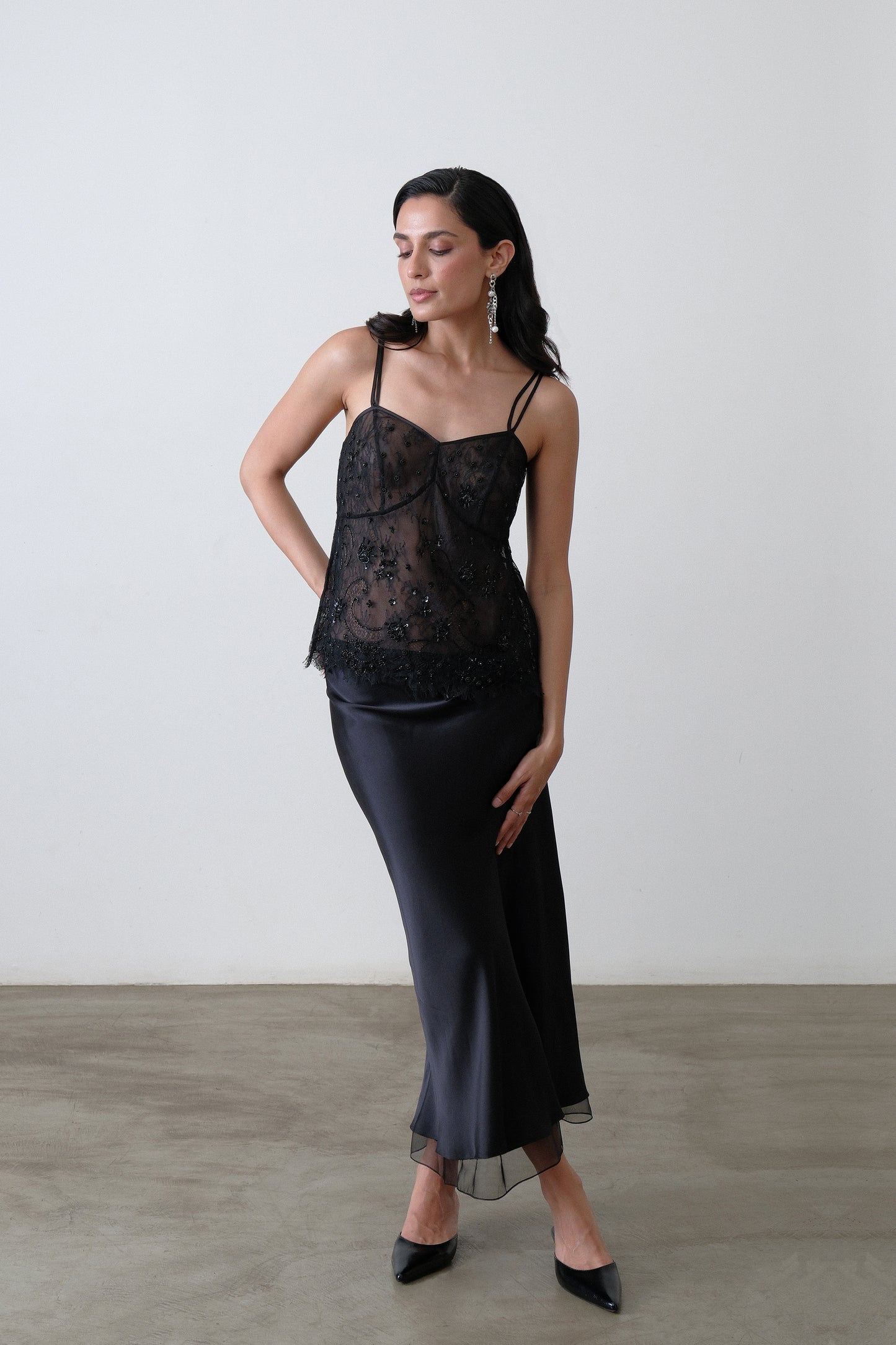 Black lace camisole with hand embroidery and sheer silk organza base and adjustable straps