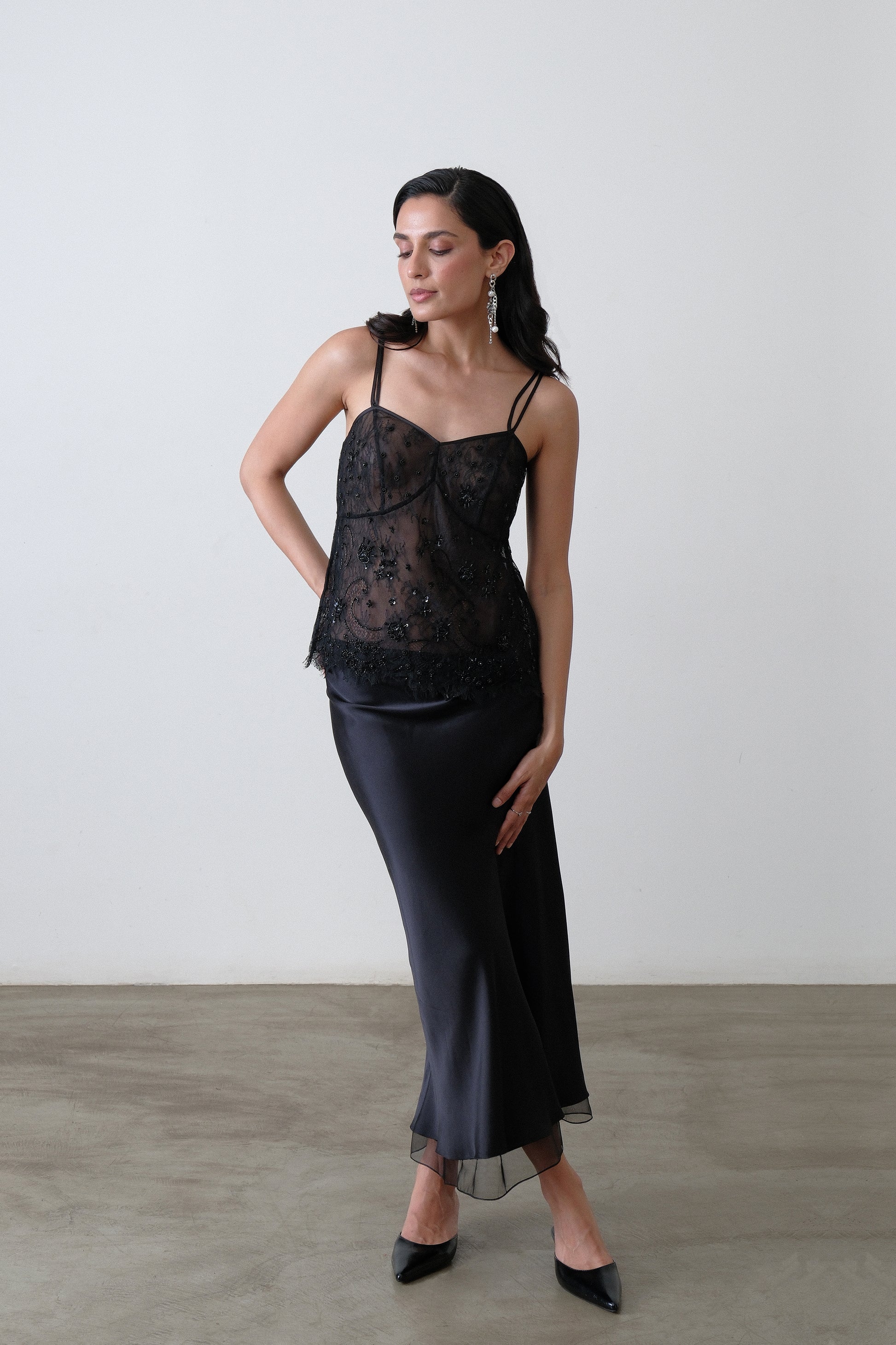 Black lace camisole with hand embroidery and sheer silk organza base and adjustable straps