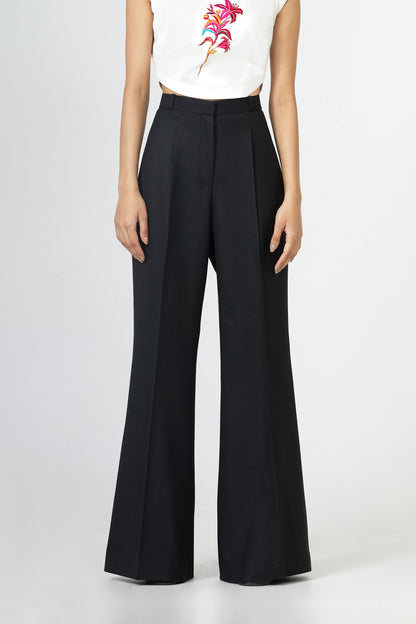 black front-pleated flared trousers
