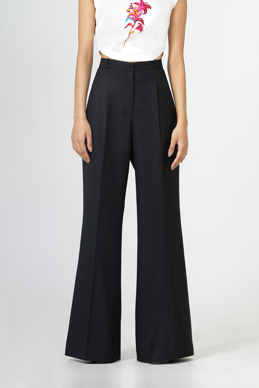 black front-pleated flared trousers