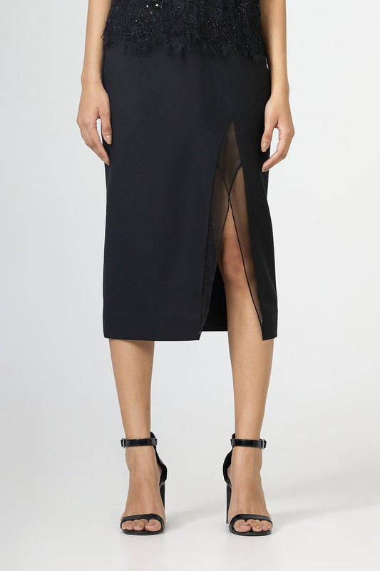 black sheer panel midi skirt