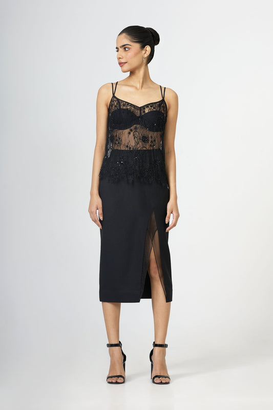 black sheer panel midi skirt
