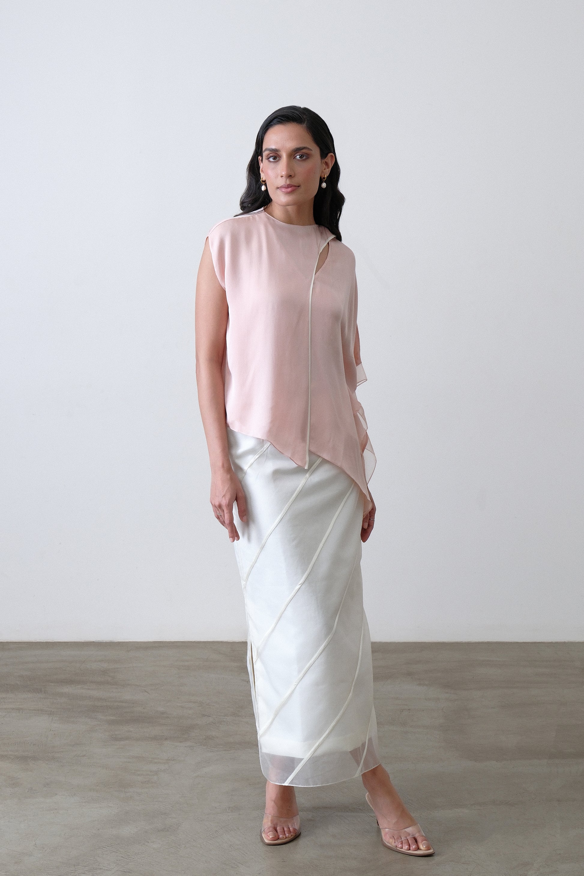 Blush pink silk satin georgette top with asymmetric drape and scarf detail