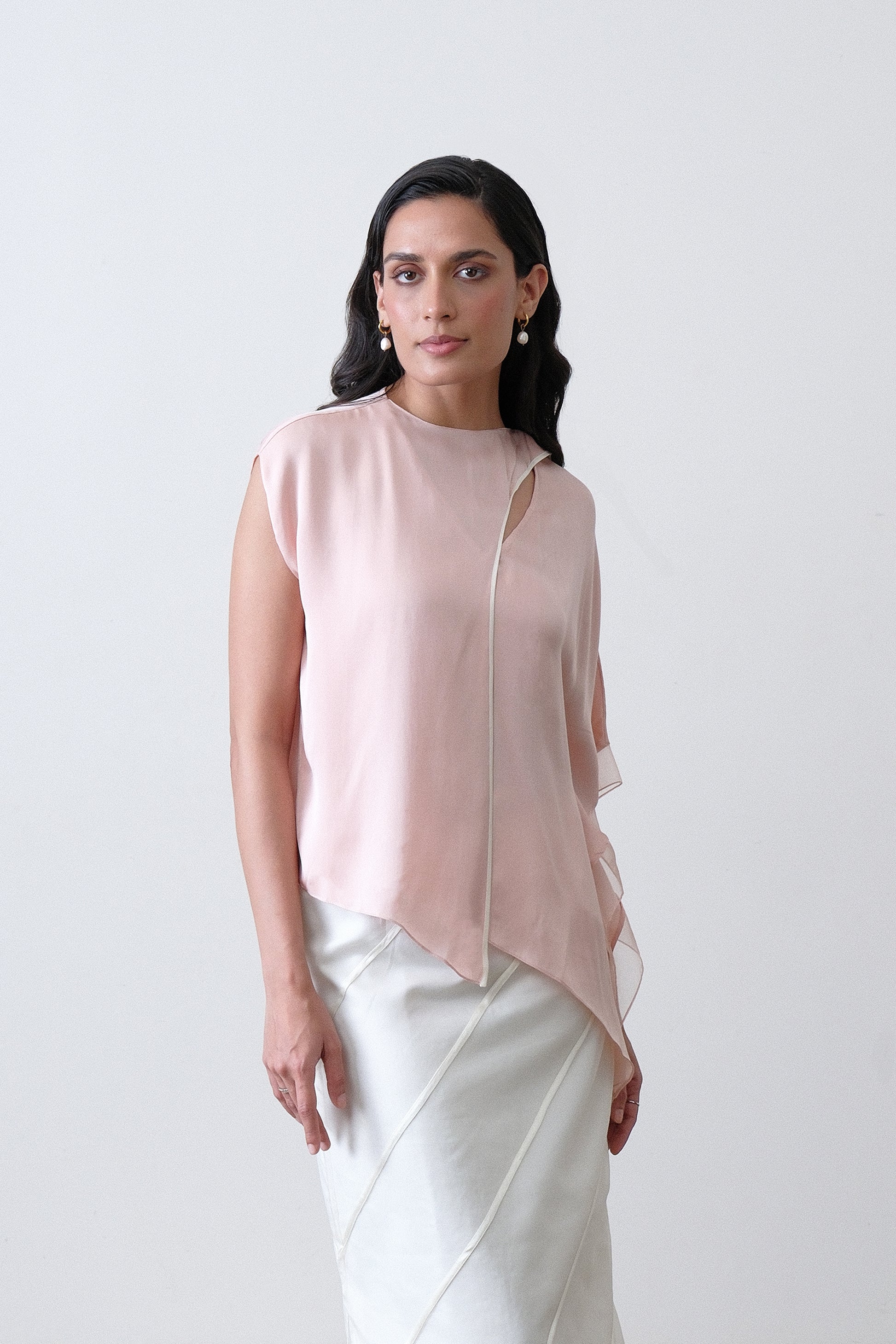 Blush pink silk satin georgette top with asymmetric drape and scarf detail