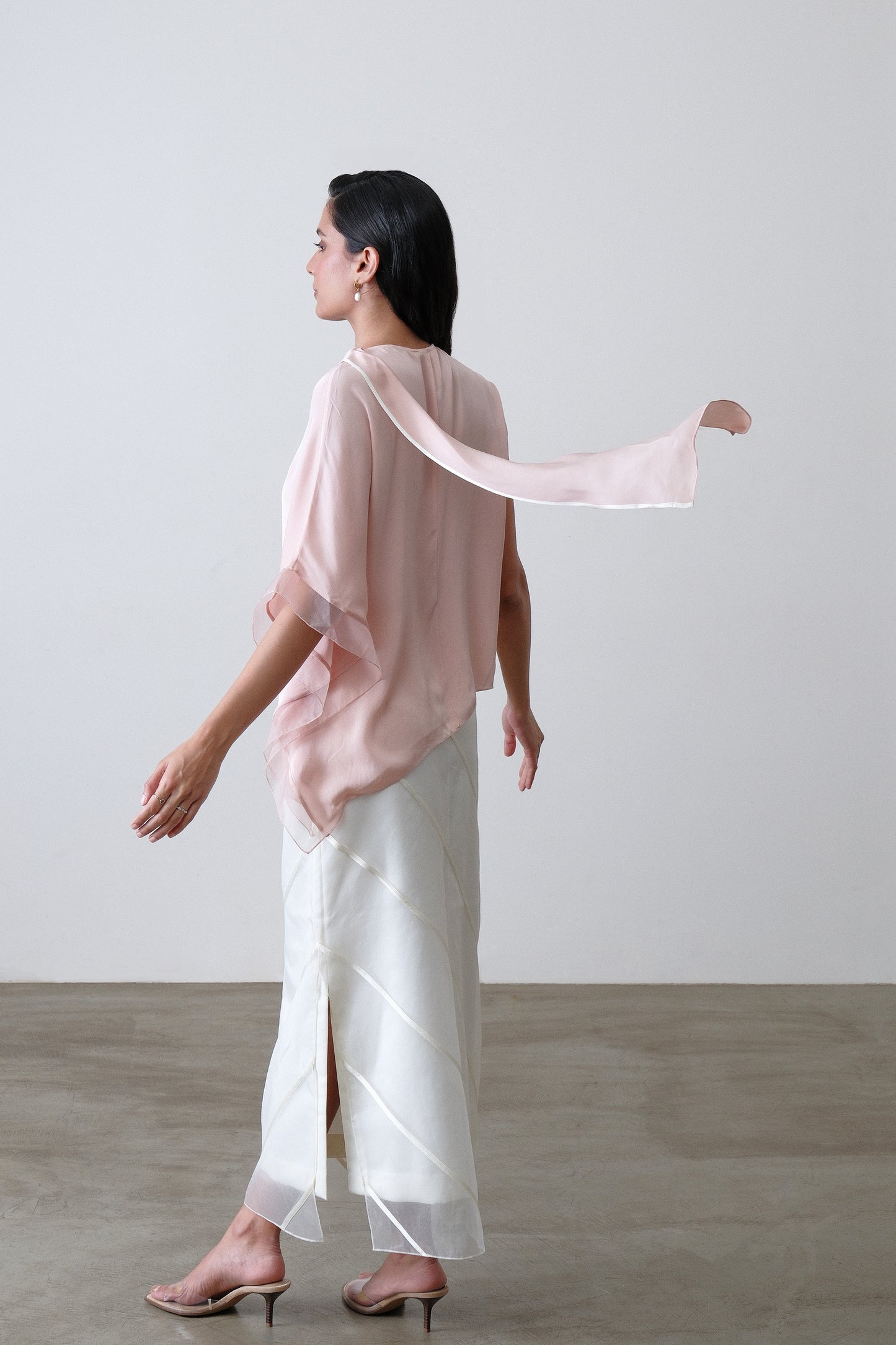 Blush pink silk satin georgette top, back view with draped scarf detail