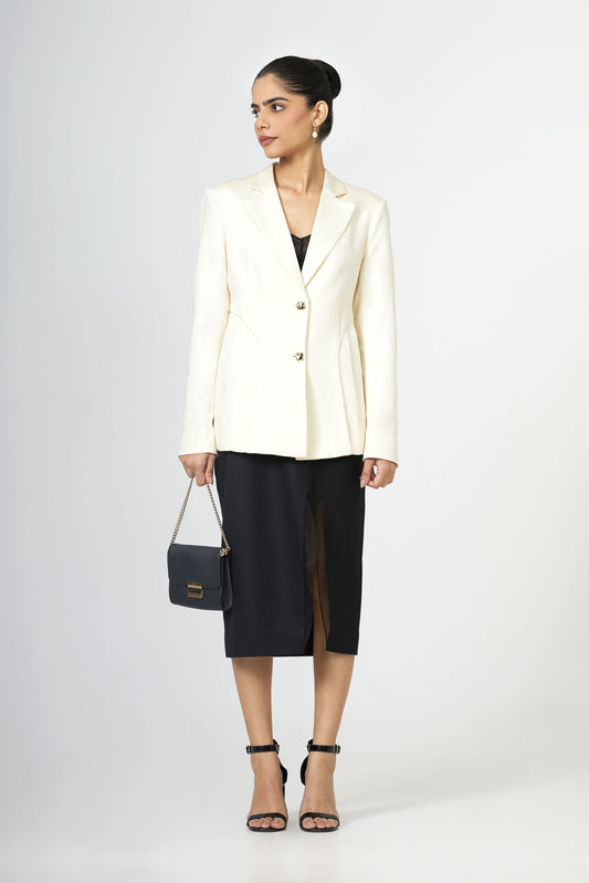 cream pleated tailored twill blazer