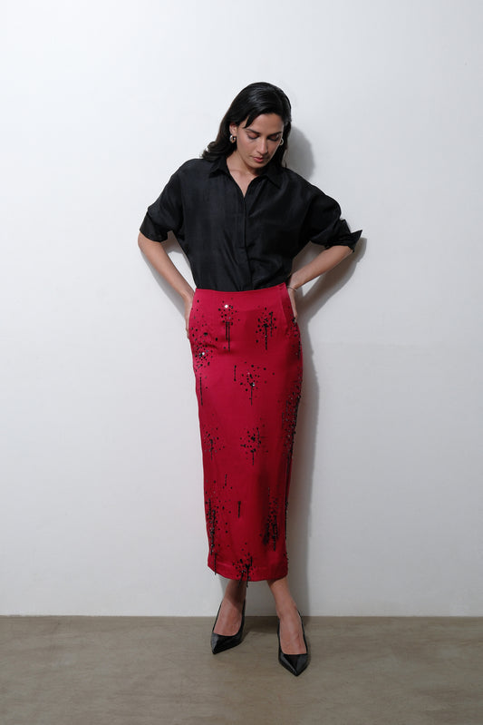 dark red embroidered silk midi skirt
