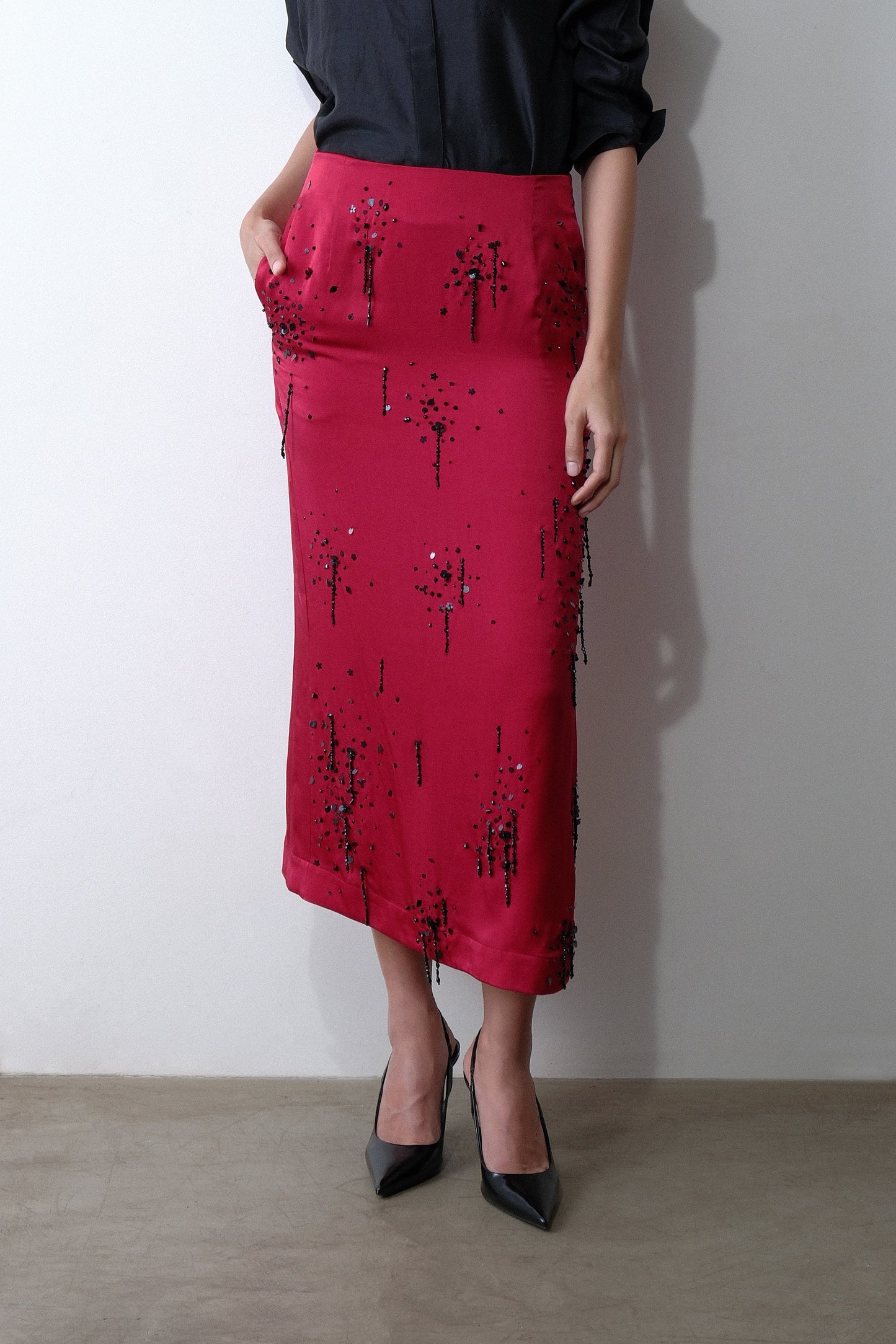 dark red embroidered silk midi skirt