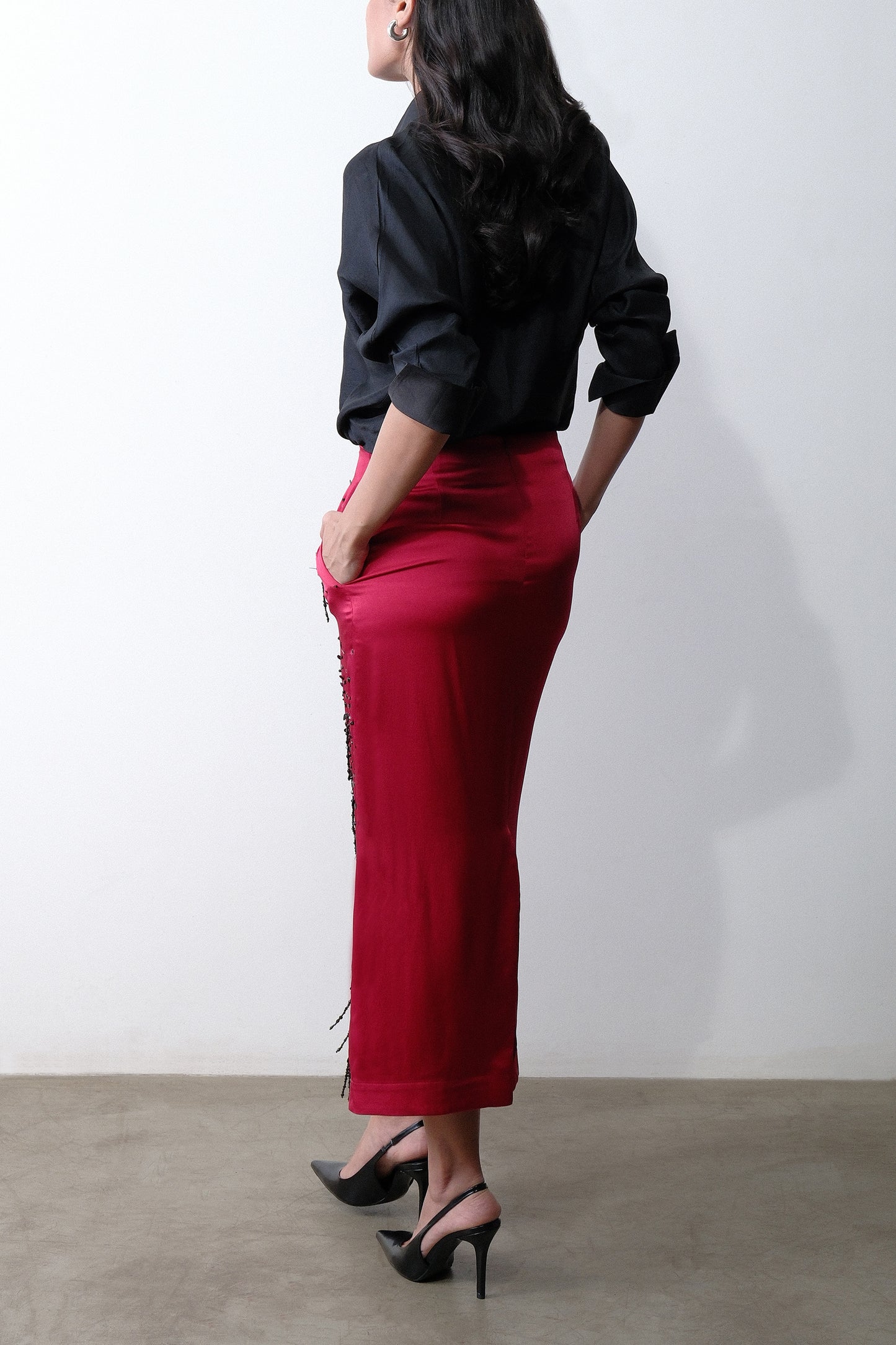 Dark red silk satin georgette skirt, back view with clean fit and zip closure