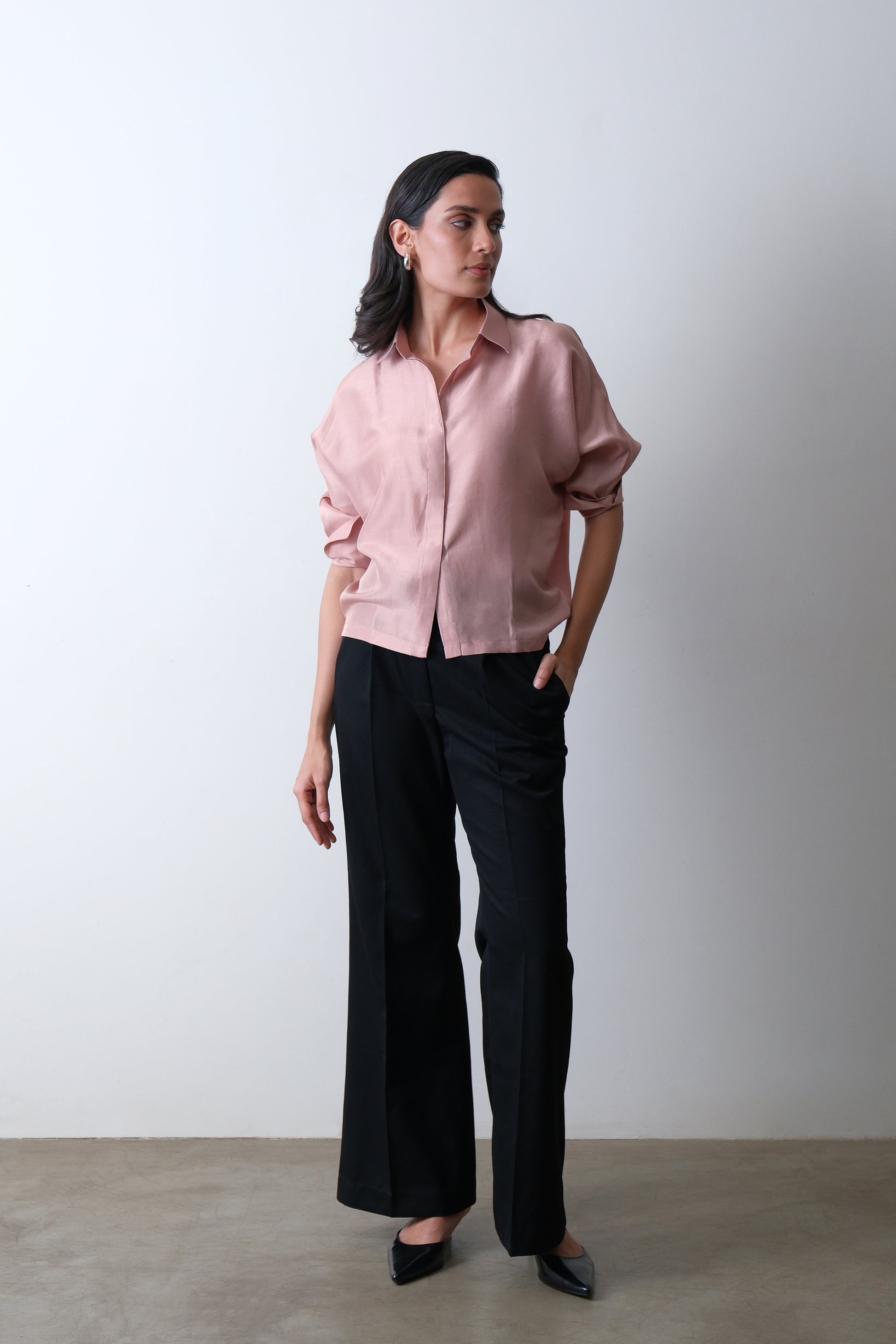 Dusty pink dupion silk shirt with concealed placket and dropped shoulders
