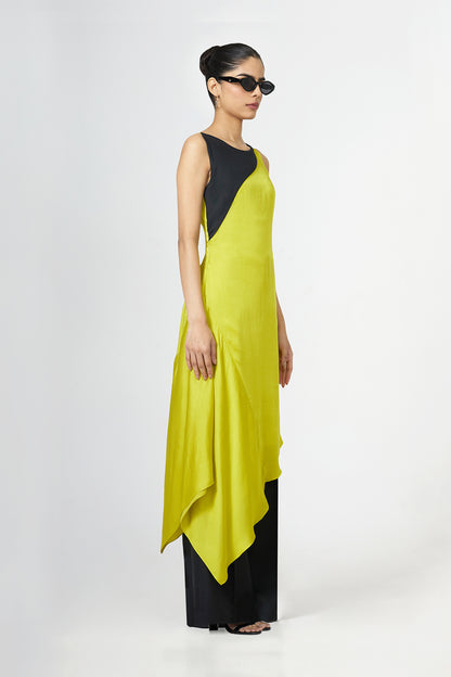 green asymmetric black yoke silk dress