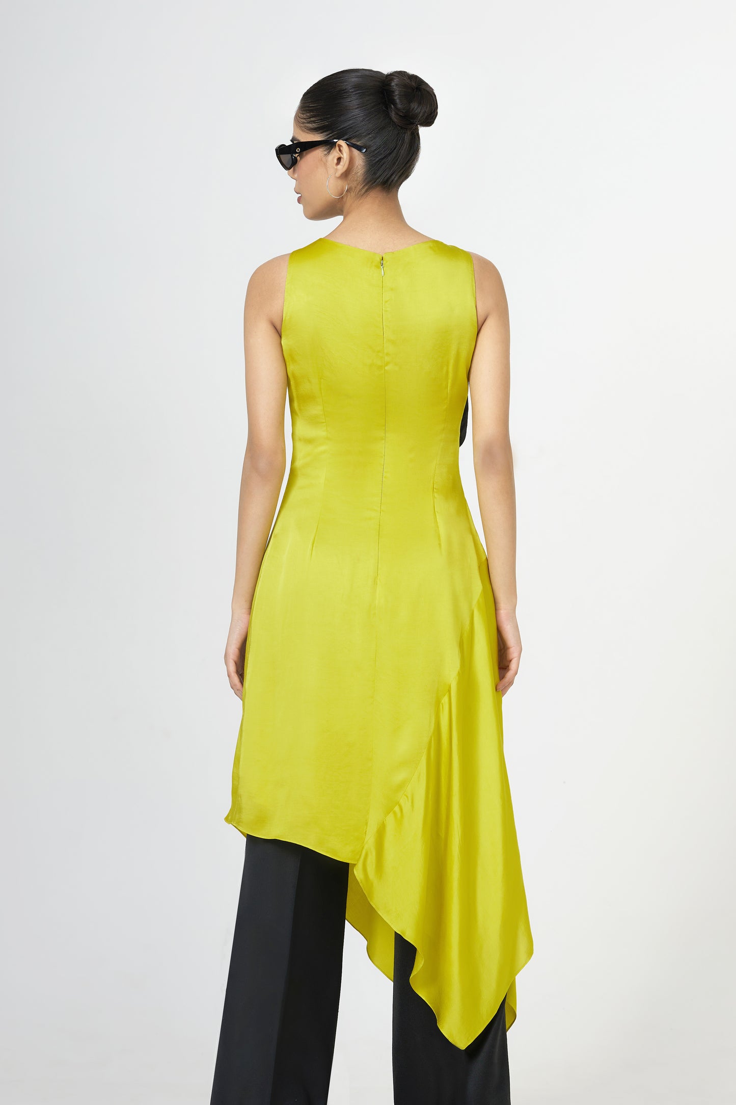 green asymmetric black yoke silk dress