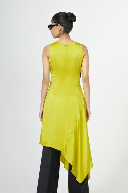 green asymmetric black yoke silk dress