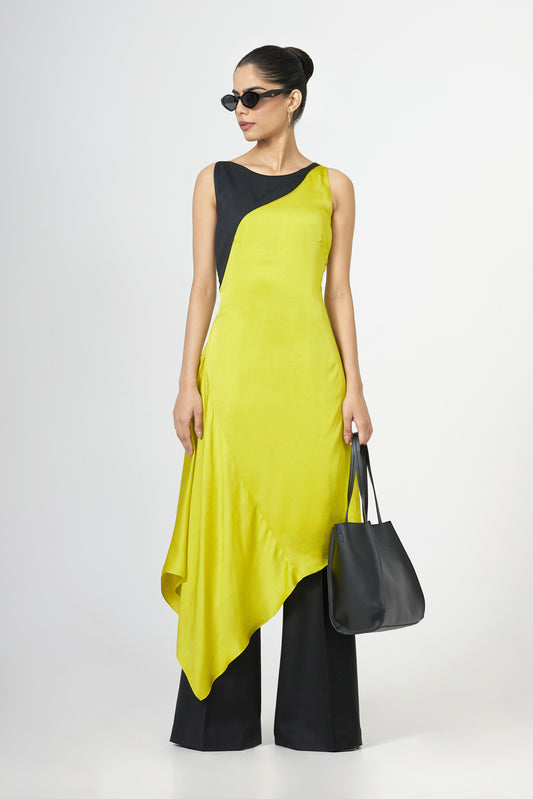 green asymmetric black yoke silk dress