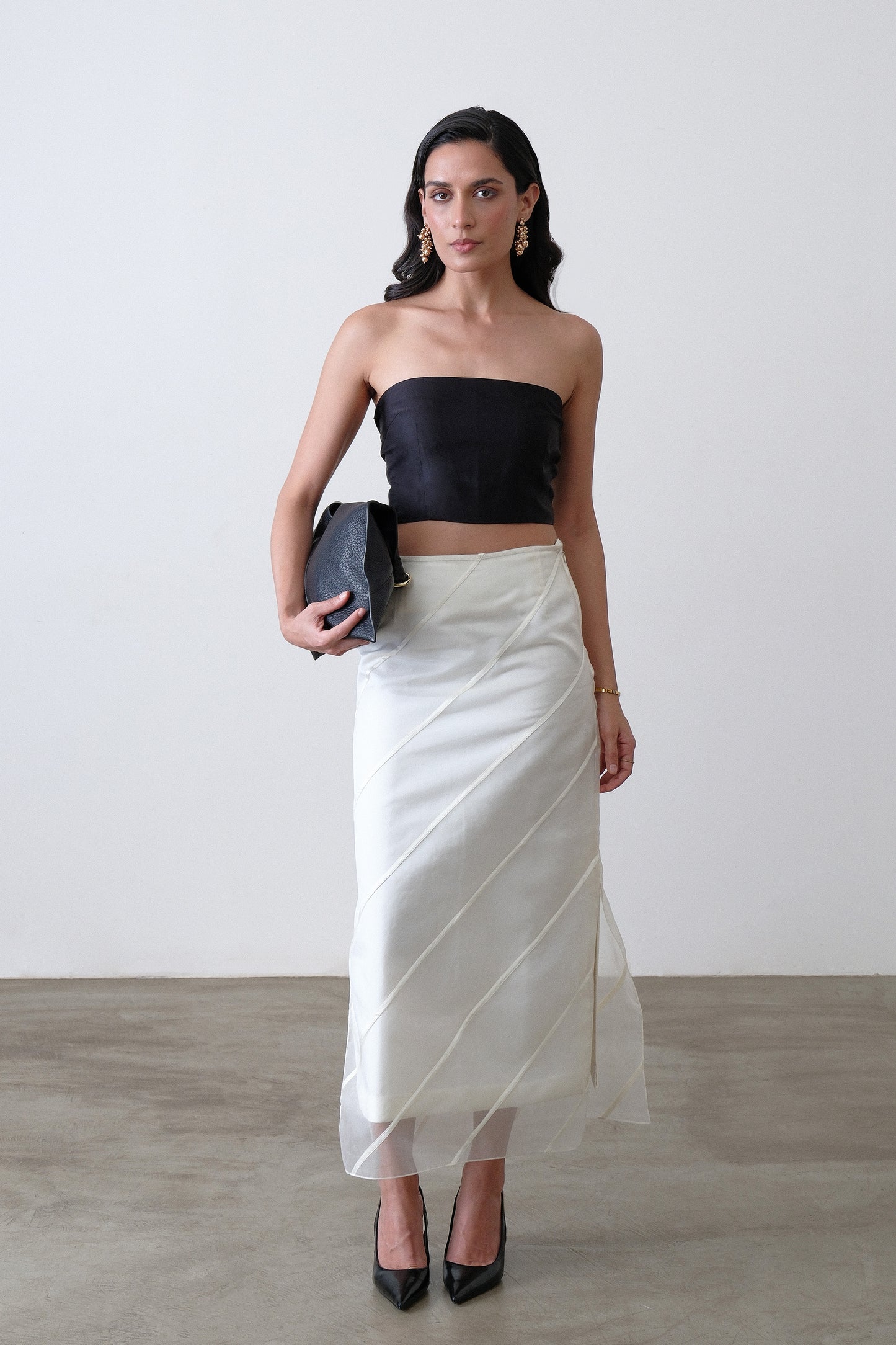 Ivory organza and poly viscose blend midi skirt with satin stripe detail